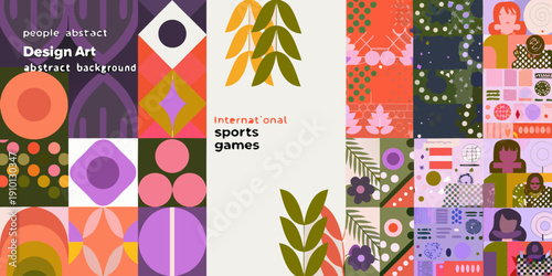 Colorful abstract designs arranged in a grid pattern with text overlays