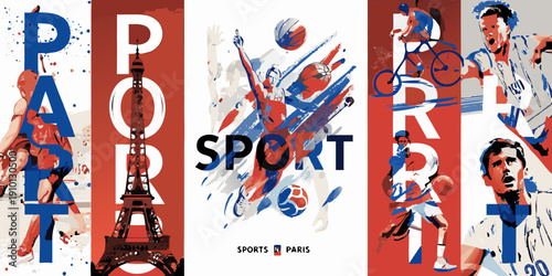 Paris sport poster athletes eiffel tower and dynamic artistic design