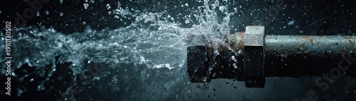 Water forcefully sprays from a broken or leaking pipe joint against a dark background.