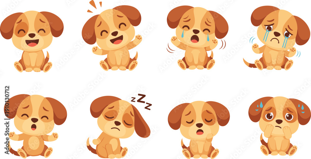 Fototapeta premium Cute Puppy Dog Emotions Vector Collection with Cartoon Canine Expressions Showing Happy Crying Sleeping and Nervous Faces Isolated on White Background.