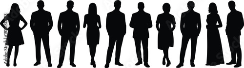 Business people silhouettes, formal attire group, professional team standing, corporate staff, office workers, men and women vector illustration