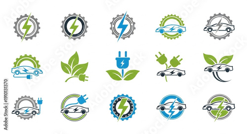 Collection of electric car logos and symbols for eco friendly transport.