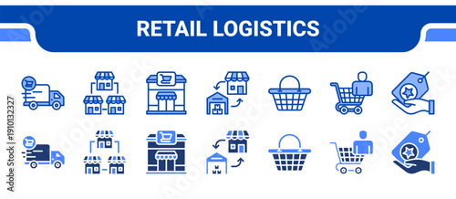 Retail Logistics Icon Collection,  featuring Delivery, Store, Supermarket, Procurement, Shopping basket, Consumer, Brand.