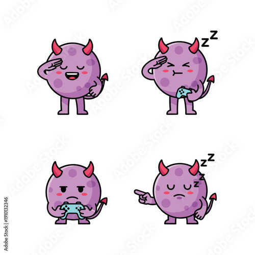 Sick cartoon devil character with flu symptoms feeling unwell and sleeping