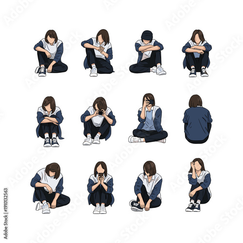 Young people sitting in various poses with hands covering faces on white background