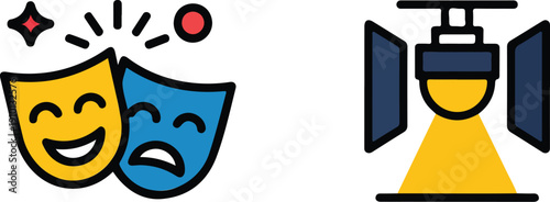 Theater Performance Outline Icon Set  Drama Masks and Spotlight Collection