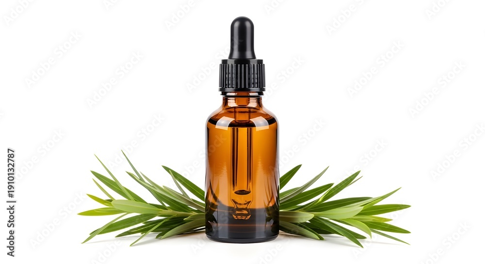 Fototapeta premium Clean editorial product shot of a small transparent oil bottle with clear liquid