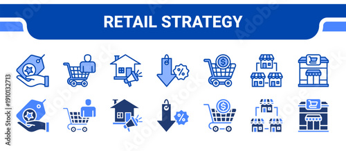 Retail Strategy Icon Collection,  featuring Brand, Consumer, Promotion, Discount, Shopping, Store, Supermarket.
