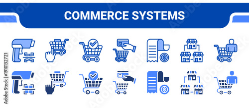 Commerce Systems Icon Collection,  featuring Barcode scanner, Self service, Checkout, Payment, Receipt, Store, Consumer.