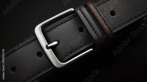Close-up of a black leather belt with a silver buckle, dark background