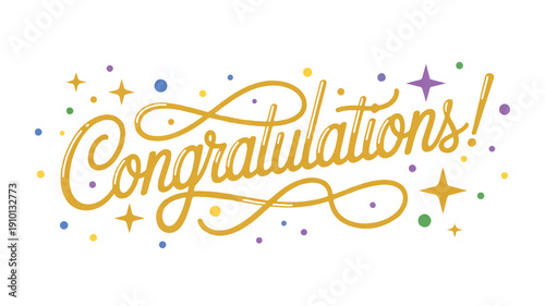 Festive Golden Congratulations Hand Lettered Script with Sparkling Confetti and Stars