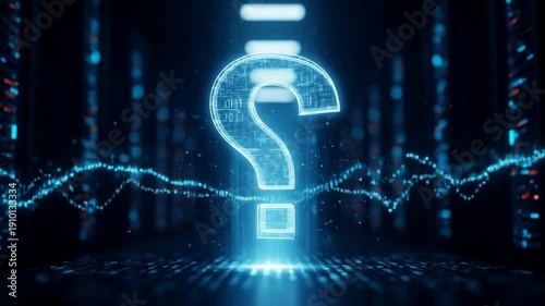 Glowing Digital Question Mark Emerging from Futuristic Data Stream - Technology Concept