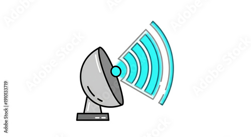 A cartoon-style satellite dish emits radiating blue waves against black