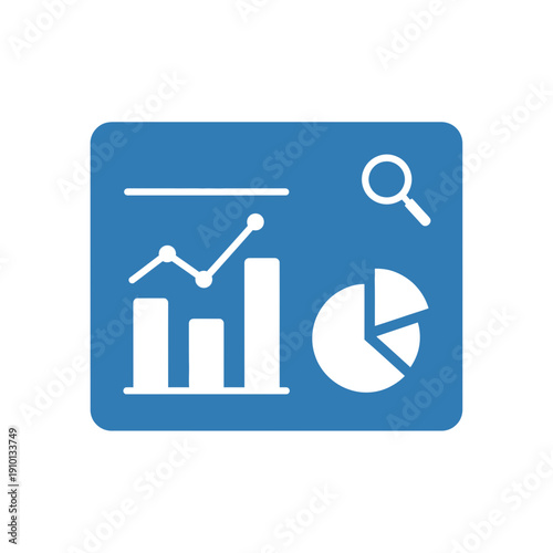 Blue icon featuring bar chart, line graph, and pie chart with magnifying glass.