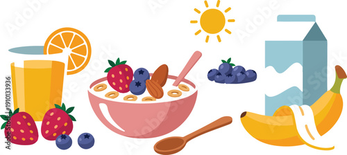 Healthy Breakfast Outline Icon Set  Fruit, Yogurt, and Morning Juice
