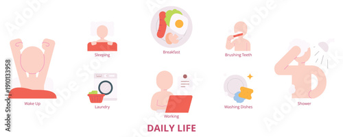 Daily Life Flat Banner Web Icon Set Vector Illustration