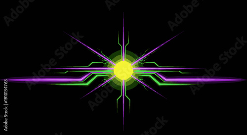 A vibrant yellow core emits brilliant purple and green light rays, forming an abstract, futuristic digital design against a dark background.