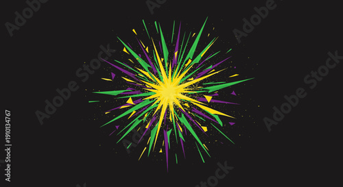 An abstract, vibrant burst of yellow, green, and purple light explodes outwards against a dark background, symbolizing celebration and dynamic energy.