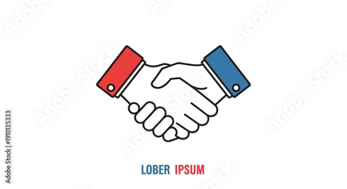 Two hands shaking in agreement with red and blue cuffs.