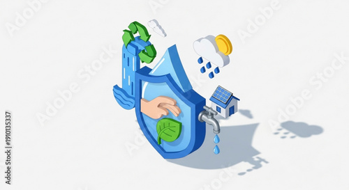 Eco friendly water conservation concept with shield protecting earth solar panel and house with faucet promoting sustainability and green living