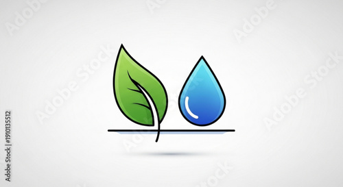 Green leaf and blue water droplet icon for ecology conservation and sustainability concepts on white background
