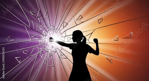 Woman breaks through colorful glass wall with fists symbolizing empowerment and freedom