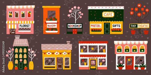 A colorful illustrated row of charming storefront buildings