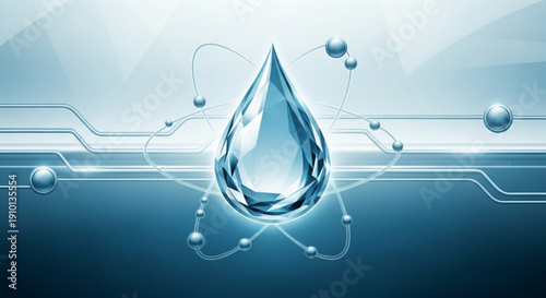 Large water droplet with circuit lines and beads on a gradient blue background conveying technology and science concepts