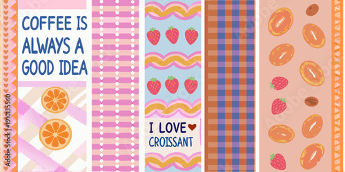 Colorful pattern with coffee croissants fruit and sweet treats