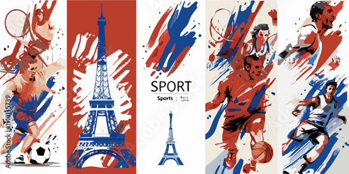 A vibrant collage featuring sports parisian landmarks and abstract brushstrokes
