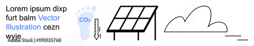 Renewable energy, environmental awareness, sustainability concepts, carbon management, solar technology, climate change. Solar panel, cloud carbon emissions and footprint graphic symbols. Renewable