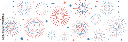 Dynamic Display of Red, White, and Blue Fireworks with Stars for Festive Celebrations