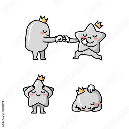 Cute cartoon characters playing tug of war with smiling faces and crowns