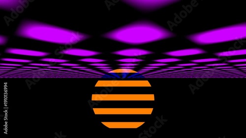 Vibrant Orange Sphere in Purple Illuminated Grid Background.