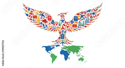 Illustration of a bird made from travel-related icons flying over a colorful world map on Global Tourism Resilience Day, symbolizing tourism comeback and safe travel.