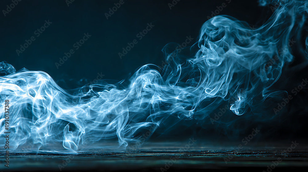 Fototapeta premium Blue Smoke Swirling Over Dark Wood Surface wisps ethereal