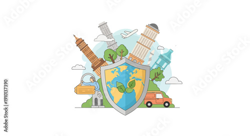 Illustration of a globe shield with iconic landmarks and transportation icons, symbolizing global tourism resilience and comeback with a happy mood.