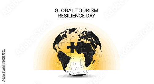 Illustration of a globe with a puzzle piece, symbolizing tourism comeback and resilience on Global Tourism Resilience Day, with a yellow gradient background and a sense of safety and travel.
