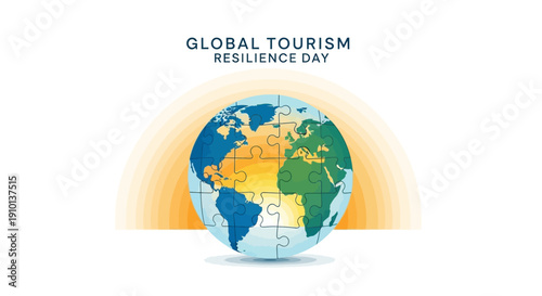 Illustration of a globe with a puzzle piece, symbolizing tourism comeback on Global Tourism Resilience Day with a map and icons, conveying a sense of travel and safety.