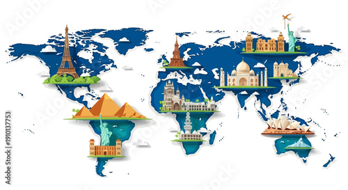 Illustration of a globe with iconic landmarks and modes of transportation, symbolizing global tourism resilience and comeback, with a colorful and vibrant style.