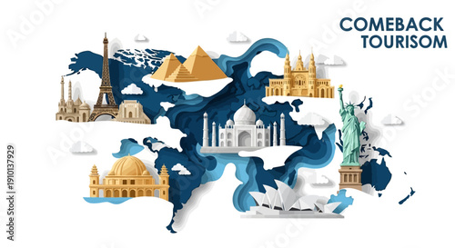 Illustration of a global tourism comeback with iconic landmarks and a map, symbolizing travel resilience and safety on a white background.