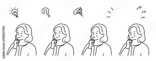 顎に手をあてているいろいろな表情のシニアの女性 シンプル線画　モノクロ
