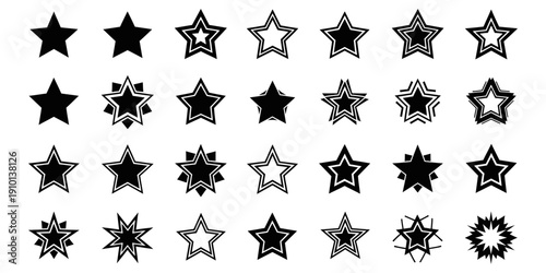 Set of black star icons and badges in various shapes, bold outline vector collection on clean background.