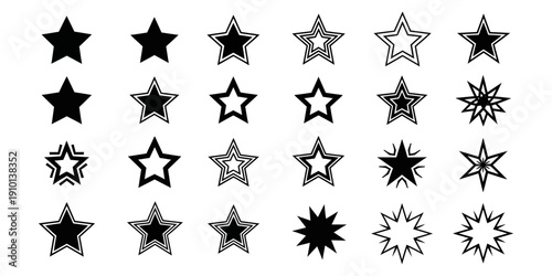 Set of star icons and badges in bold outline and solid styles, clean vector shapes for logo or design.