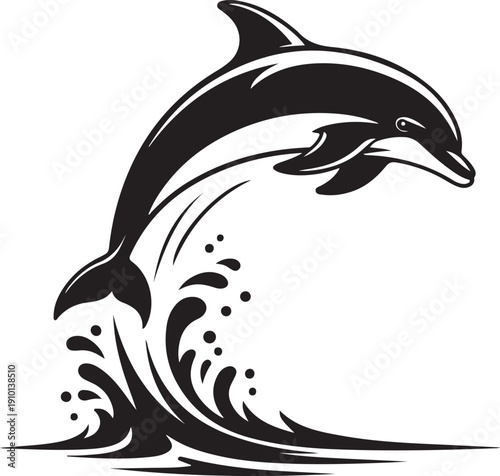 Striking black silhouette of a dolphin arching gracefully out of stylized water waves, conveying power and aquatic elegance. Ideal for logos and ocean-themed designs.