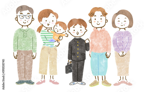 三世代家族のイラスト/赤ちゃんを抱っこするママとパパと学ランを着た兄、祖父母