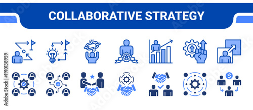 Collaborative Strategy Icon Collection,  featuring Collaborative, Sharing, Partnership, Alliance, Joint venture, Synergy, Consortium.