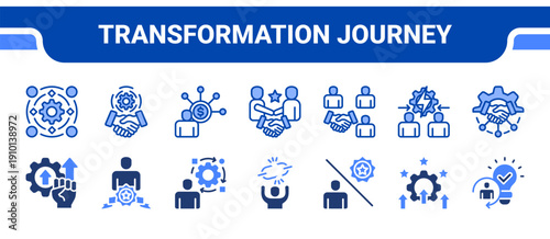 Transformation Journey Icon Collection,  featuring Revolution, Transition, Adaptation, Conversion, Challenge, Improvement, Innovation.