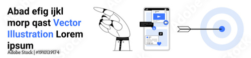Digital marketing, online targeting, mobile technology, goal setting, user engagement, strategy. Hand pointing at a smartphone and an arrow hitting a target. Digital marketing and online targeting