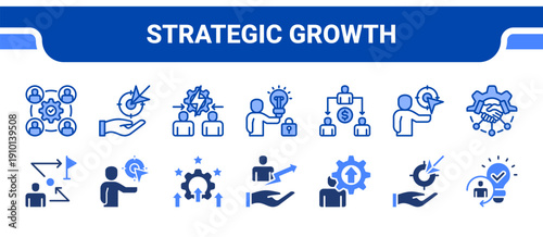 Strategic Growth Icon Collection,  featuring Goal, Goal achievement, Improvement, Overcoming, Triumph, Self growth, Innovation.